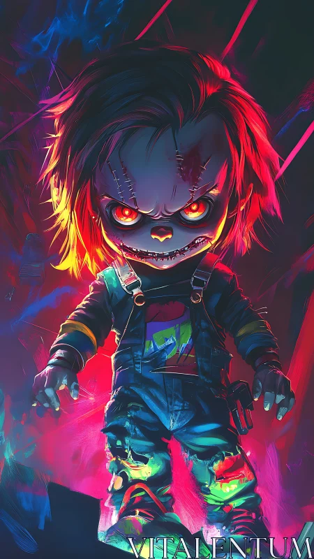 Neon-lit killer doll stands menacingly in chaotic glow.