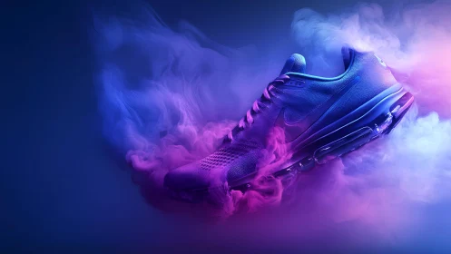 Vibrant Air Max sneaker in neon smoke, futuristic style product shot.