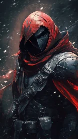 Hooded armored assassin emerges from swirling winter storm.