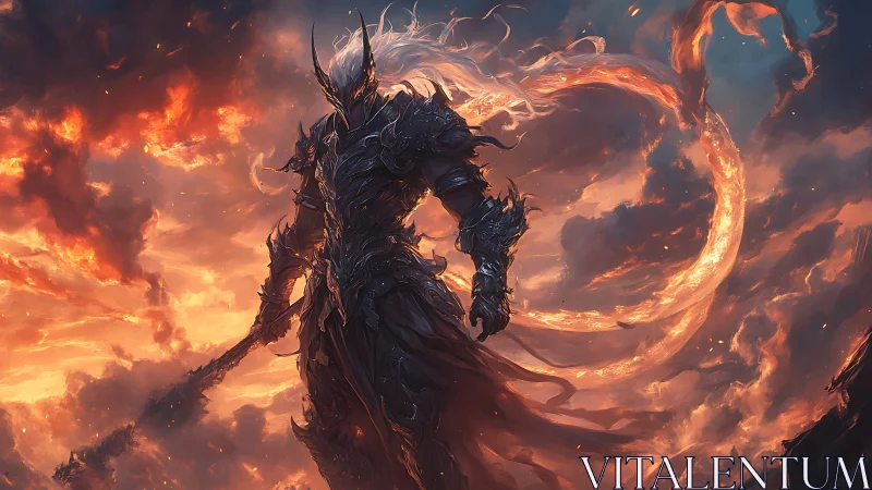Volcanic warlord in infernal plate amid turbulent firestorm.