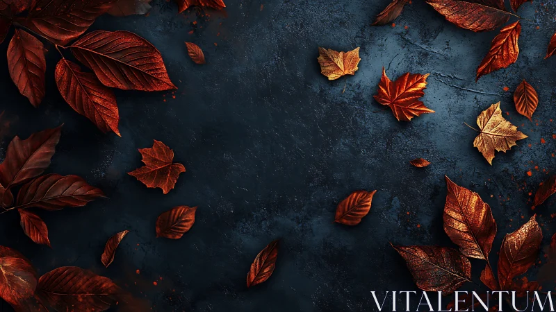 Autumn leaves glow against deep textured midnight blue background.