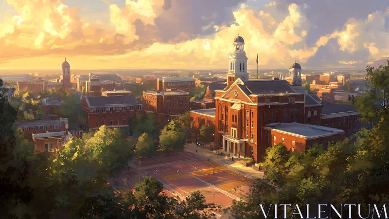 Golden hour academic campus skyline with neoclassical hall.