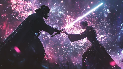 Dynamic sabers clash within luminescent nebular particle field.