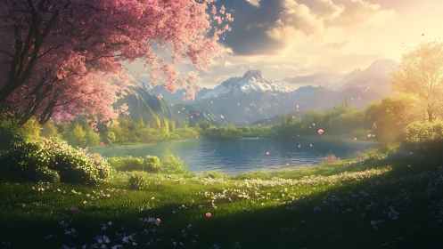 Sunlit cherry blossoms by a quiet mountain lake at spring.