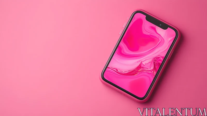 Pink Smartphone with Liquid Abstract Display Wallpaper.