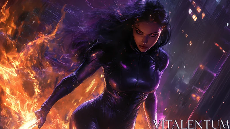 Dark-clad female figure amid flames in urban night scene.