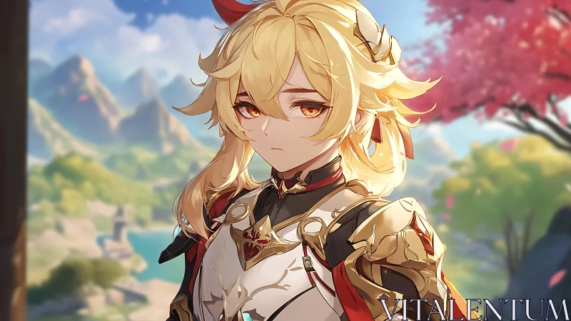 Golden haired fantasy knight in ornate armor, soft mountain vista