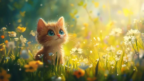 Ginger Kitten in Sunlit Meadow with Daisies and Soft Focus.