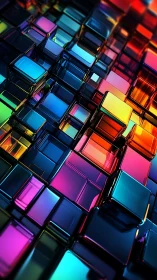 Multicolored reflective cubes in dense geometric grid layout.