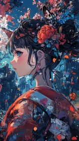 Kimono-clad girl amid blossoms in detailed anime scene.