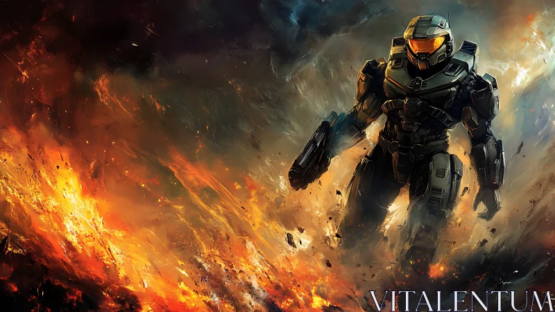 Armored sci‑fi infantry unit advances through dynamic fire vortex