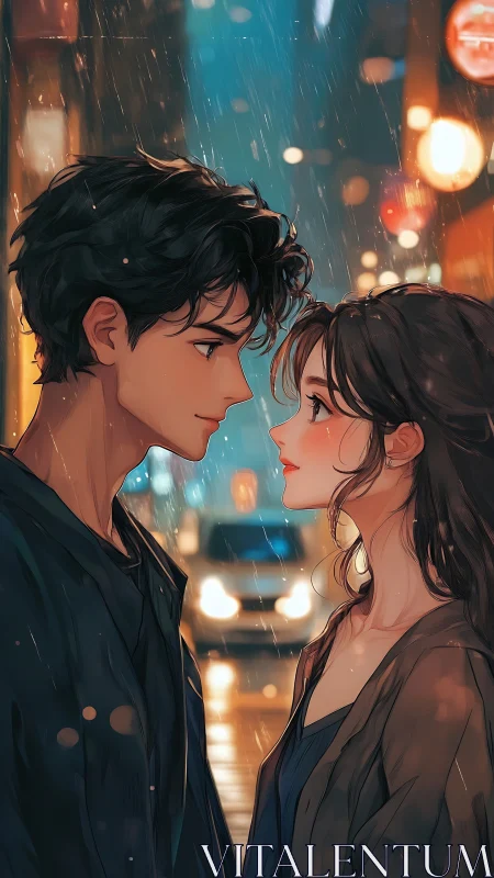 Rainlit city lovers pause beneath neon soaked night skies.