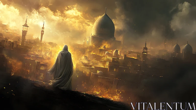 Cloaked figure surveys domed city engulfed in structurally layered flames