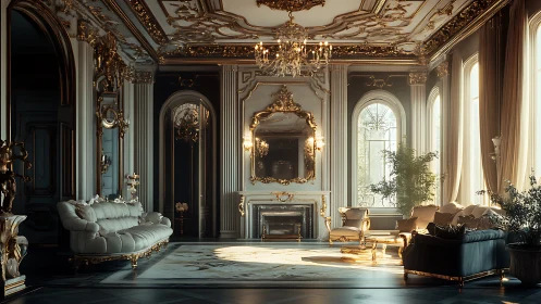 Luxurious baroque living room with gold ornate details.