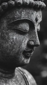Monochrome close-up of weathered stone Buddha face profile.