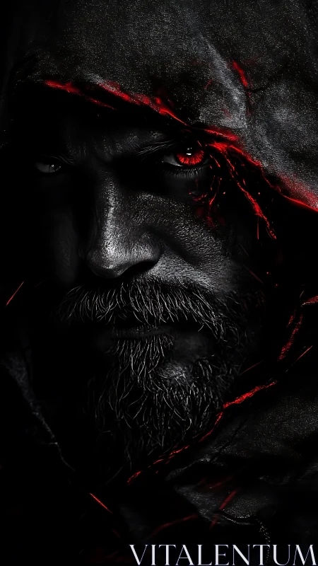 Hooded bearded man in darkness with glowing red details.