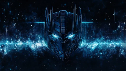 Galactic mech helm ignites the void with neon blue fury.