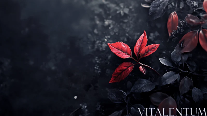 Solitary red leaf glows against deep shadowed foliage