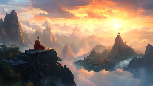 Monk overlooks sunrise city across misty sacred mountains