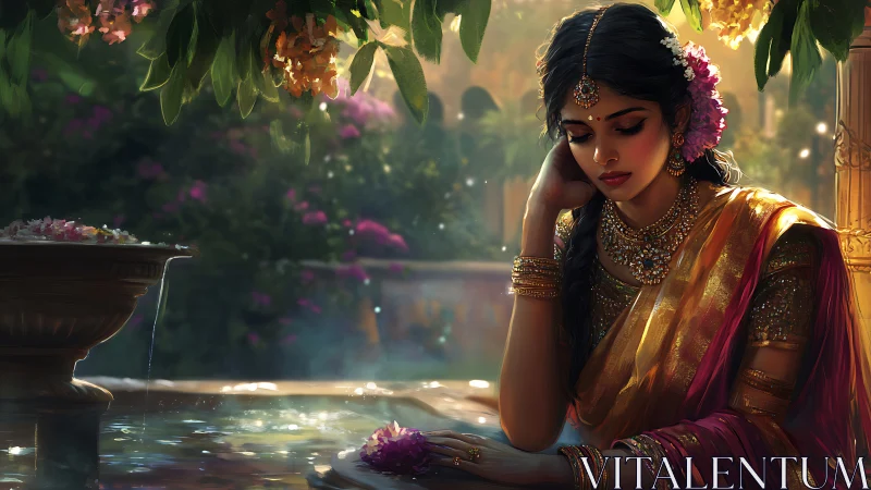 Pensive woman in golden sari beside tranquil garden fountain.