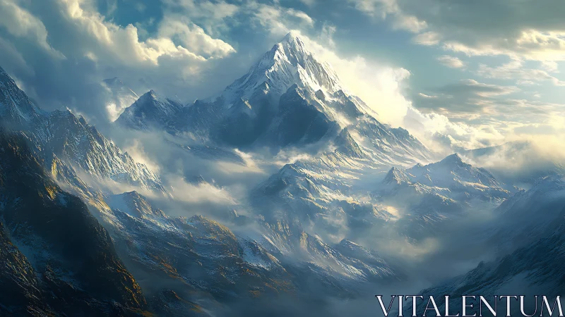 Snow-lit titan rises through storm-tossed mountain clouds