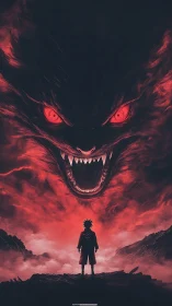 Silhouetted ninja confronts colossal red demon in stormy sky.