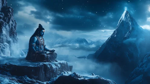 Blue-skinned meditating figure on icy mountain plateau at night.