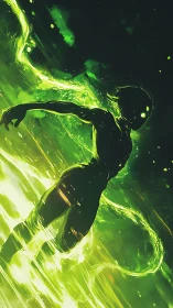 Silhouetted humanoid figure in swirling green energy field.