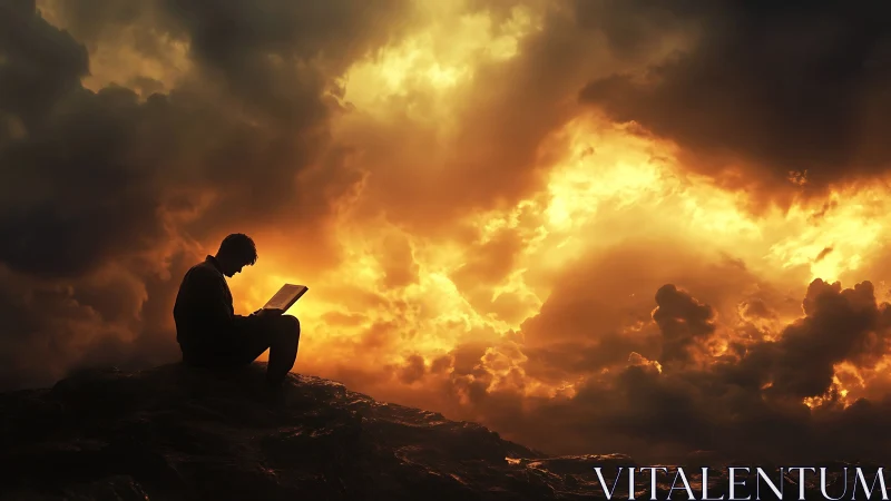 Silhouetted laptop user studies data beneath dramatic storm sky