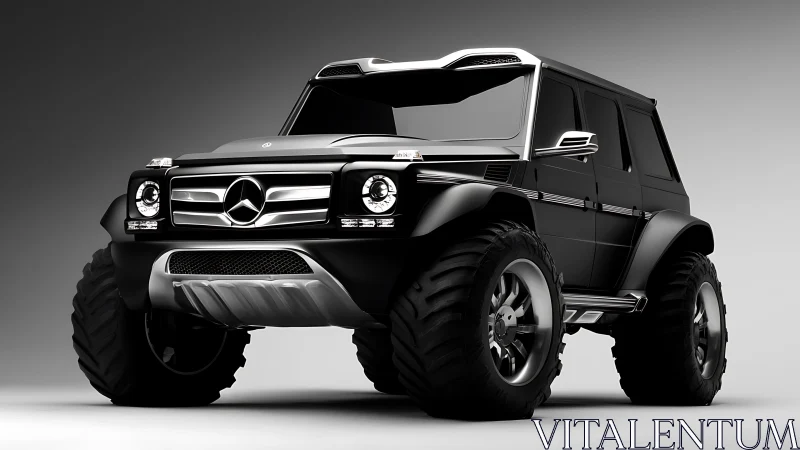 Monochrome off‑road SUV render with exaggerated tire geometry.