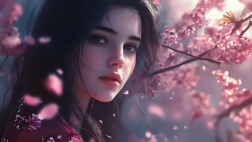Soft focus digital portrait unites feminine gaze and sakura bloom
