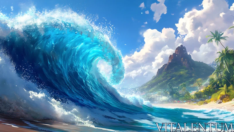 Giant translucent wave curls toward a lush tropical island