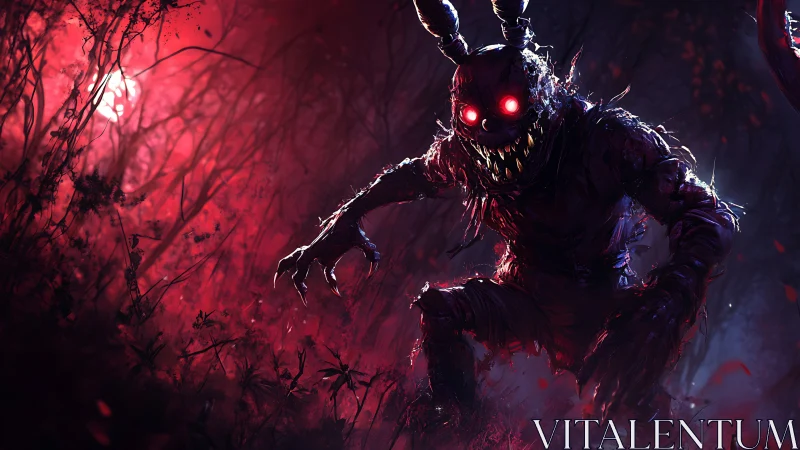 Demonic rabbit creature stalking through blood-red haunted forest