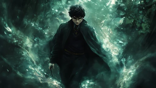 Storm-swept young wizard striding through emerald mist.