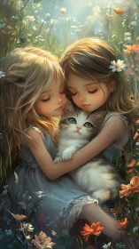 Two Figures with Feline Subject in Floral Setting.