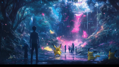 Pikachu explore glowing fantasy forest with human trainers.