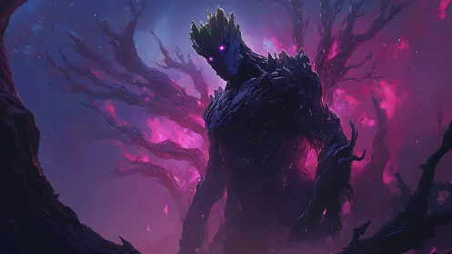 Digital painting of cosmic arboreal titan in neon voidscape.