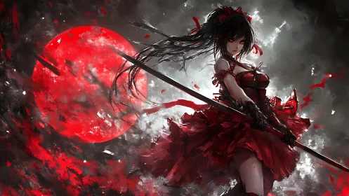 Battle-ready anime swordswoman under blood-red eclipsed moon