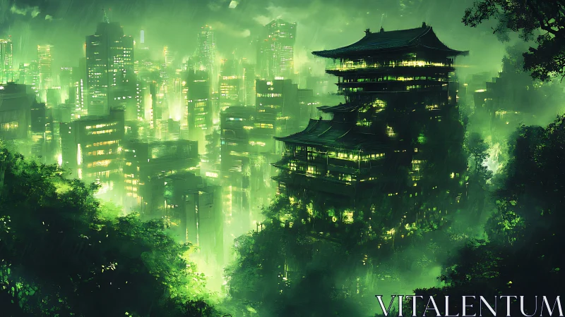 Neon green city skyline with towering pagoda in rain.