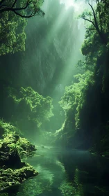Luminous jungle gorge with misty river corridor below.