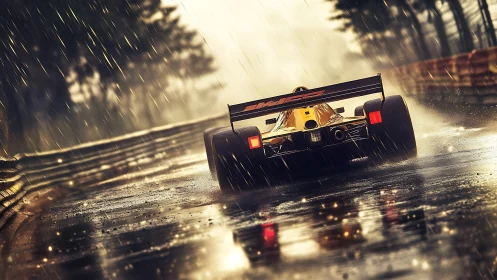 Formula race car powers through rain on glowing wet track