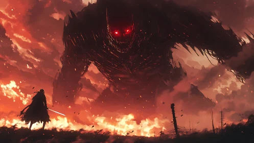 Lone blade defies colossal ember-eyed shadow in flame.