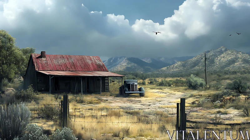 Rust-roofed desert cabin and lonely truck under gathering clouds.