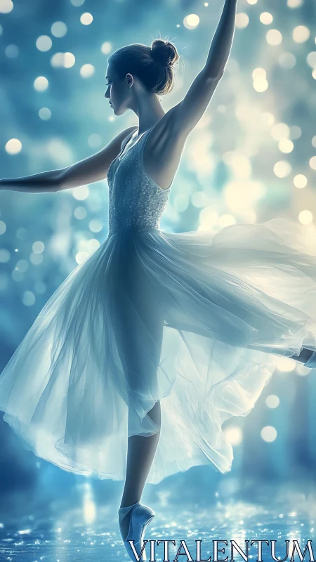 Ethereal ballerina poised in luminous blue bokeh glow.