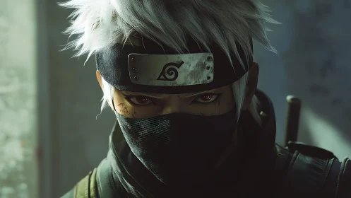 Cinematic close-up of masked silver-haired ninja with metal headband