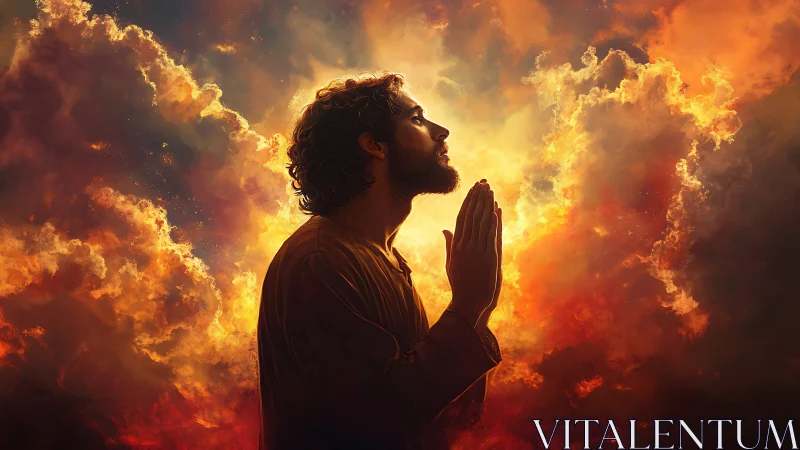 Luminescent prayer silhouette in volumetric cloudscape composition.