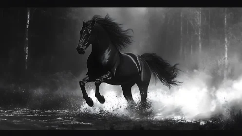 Black horse runs through shallow water in misty forest