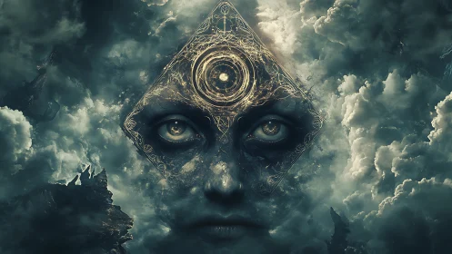 Geometric face with celestial motifs in turbulent clouds.