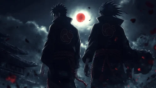 Dark cloaked warriors stand beneath blood moon sky
