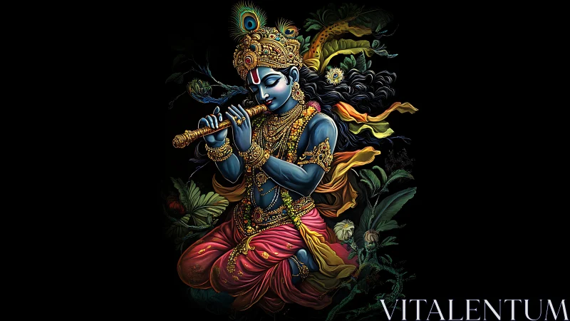Graceful blue deity playing a golden flute in lush blooms.